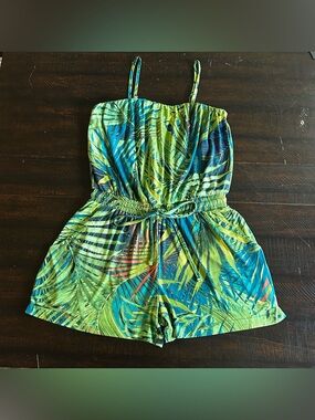 Venus palm print romper in green and teal .
